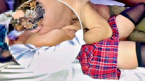 Blurry student in plaid skirt and stockings creampied by stranger on hotel bed