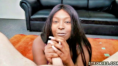 Rachel Raxxx ebony handjob POV with manicured hands