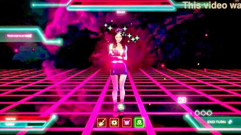 Chilean waifu in cyberpunk skirt posing in neon grid game scene