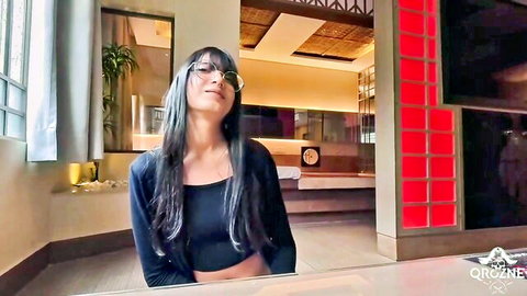 Shaggy QroZne behind the scenes, Asian amateur in glasses and black crop top