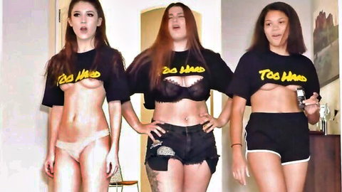 Three slim women in revealing Too Hard t-shirts, bras, panties and shorts
