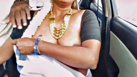Indian Bhabhi exposing big tits in saree during steamy car drive