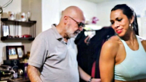 Fit Latina cutie in tank top trains intimately with wicked grandpa