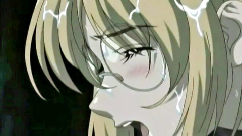 Blonde anime girl with glasses in ecstatic ahegao face, electric effects in Kojin Taxi Ep.5