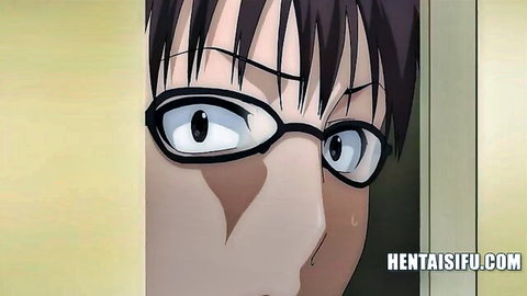 Intense anime girl with glasses peeking in hentai scene