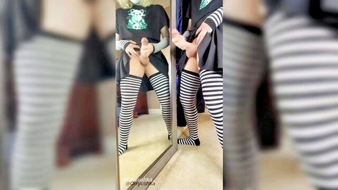Onyushka standing upskirt masturbation in thigh-high stockings with mirror cumshot