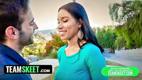 Jenna Foxx ebony teen smiles intimately with white guy outdoors, teasing huge natural tits vibe