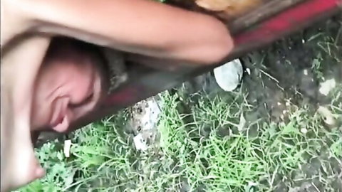 Skinny mature blonde gags on thick cock in rough outdoor facefuck on grass