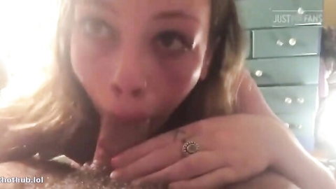Blonde babe deepthroats thick cock with saliva dripping from stretched lips