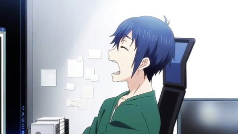 Reluctant blue-haired anime guy yawning in office chair, World's End Harem ecchi