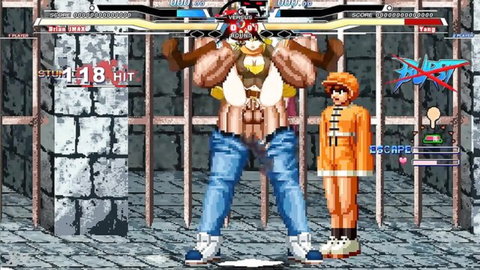 Hentai fighters Brian and Yang in battle sex pose, muscular buff vs prisoner