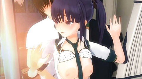 3D hentai schoolgirl with purple ponytail exposes big tits in uniform with guy