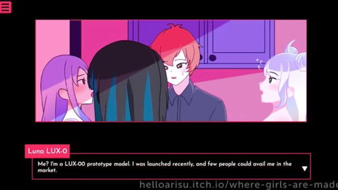 Anime group scene featuring Luna Lux-O prototype with purple, black, and blue-haired girls and red-haired guy
