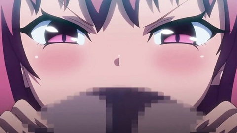 Hentai girl with pink hair, red eyes, and blush holds censored cock to her mouth for blowjob