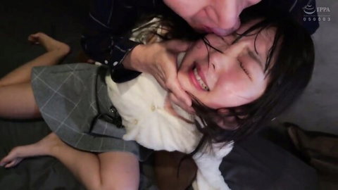 Petite Asian schoolgirl in plaid skirt kissed and choked by man