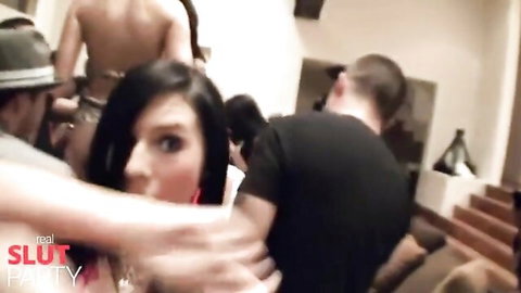 Wild mansion party orgy with hot brunette in group action