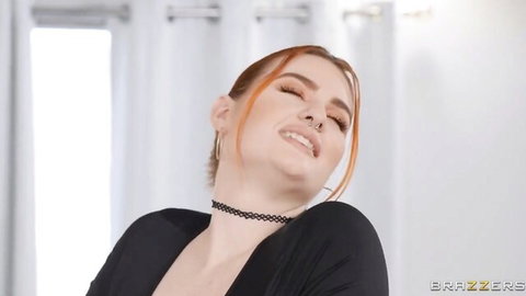 Busty Abigaiil Morris seductive smile in black top and choker, Brazzers lesbian tease