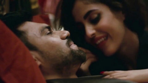 Intimate close-up of Indian couple embracing in Hindi web series sex scene