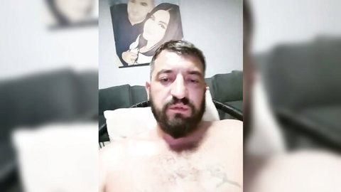 Shirtless Stas, 32yo Ukrainian bearded hunk posing in chair