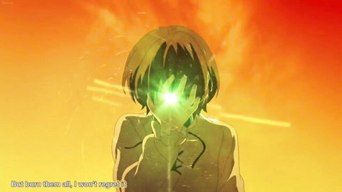 Intense anime girl with glowing green eyes in uniform from Redo of Healer Ep.10