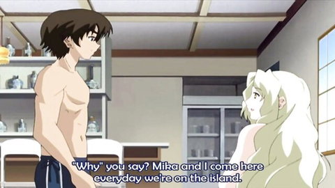 Anime hentai couple: shirtless guy talks to white-haired girl on tropical island