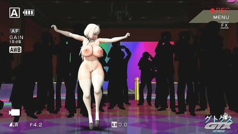 Animated blonde MMD girl with big tits dancing topless on stage in stockings