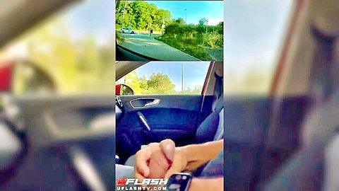 Amateur POV hand gripping bare thigh inside car driving on public road flashing tease