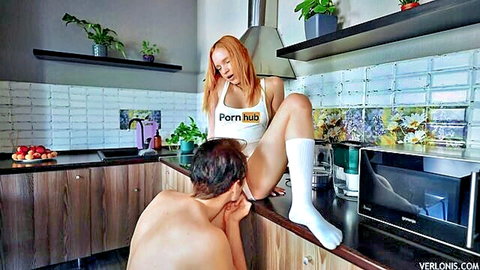 Petite redhead housewife in stockings gets oral from tall lover