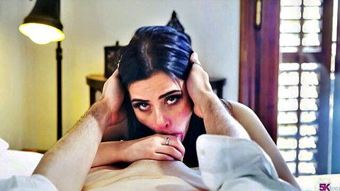 Maria Wars petite Latina giving intense blowjob in bedroom scene