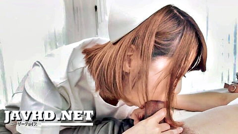 Japanese nurse in white uniform eagerly sucking man's balls and cock in closeup POV