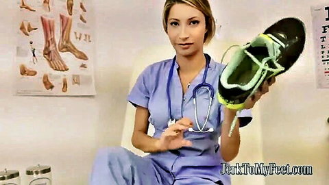 Jade Jantzen in sexy nurse outfit holding foot fetish shoe for JOI