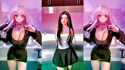 Pink-haired anime babe with massive tits teasing deep cleavage in low-cut black top and mini skirt