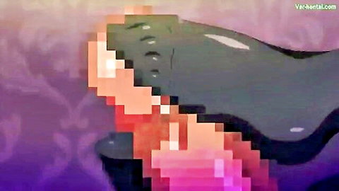 Pixelated hentai girl facefucked by slimy green tentacles in purple room