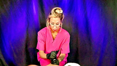 MILF Morgan Ray in sexy pink nurse outfit with gloves for semen sample fun