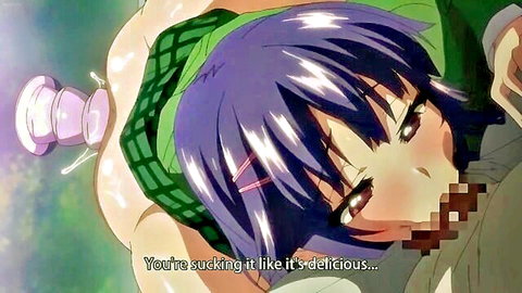 Purple-haired hentai schoolgirl sucking cock eagerly in green skirt uniform