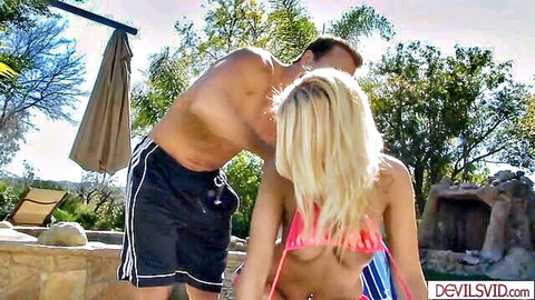 Emily Austin petite blonde in pink bikini kissed by stepdad outdoors