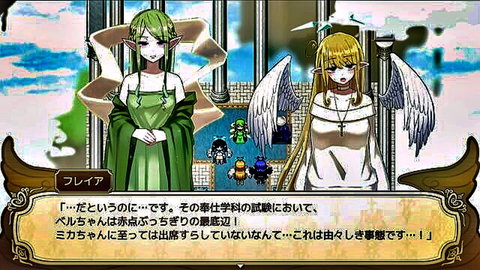 Green-haired elf and blonde angel in fantasy hentai game scene