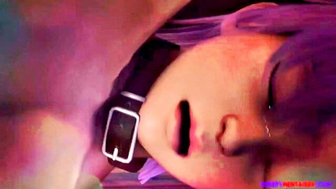 Purple-haired tied girl choking on cock in intense blowjob