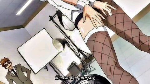Shy anime schoolgirl lifts skirt revealing stockings in teasing pose