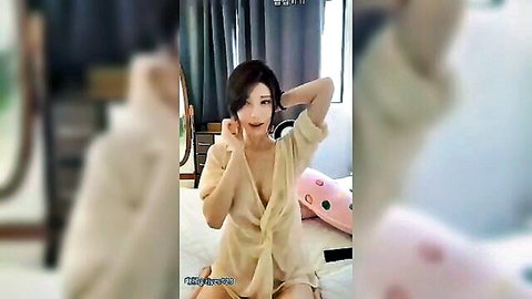 Korean car model in open blouse exposing breasts, solo bedroom tease