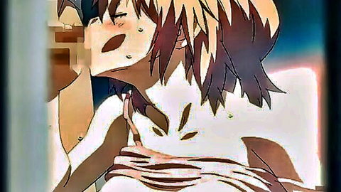 Blonde hentai girl with massive exposed tits and hard nipples passionately kissing muscular guy
