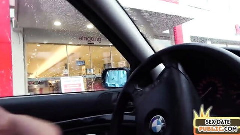 Amateur GILF giving road head to stranger in moving BMW car