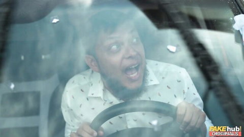 Robert Gunner shocked in wet car, steamy threesome preview from Fake Hub