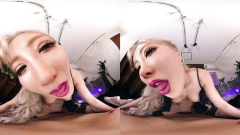 Petite Japanese teen in black lingerie poses seductively, blonde hair and bold makeup