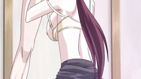 Anime hentai babe with long purple hair in white bra and skirt, back view