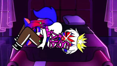 Animated purple-haired couple in explicit bedroom sex pose