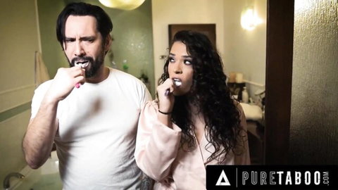 Victoria Voxxx in pink robe brushes teeth with cheating married man Tommy Pistol