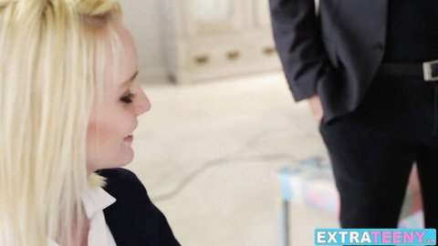 Sammie Daniels in teasing school uniform with suited teacher, blonde petite model