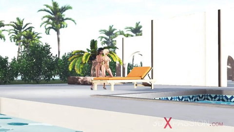 Busty 3DXPassion animated blonde and brunette nude by pool