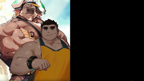 Muscular anthropomorphic bull embracing buff man in yellow tank top, furry yaoi pose